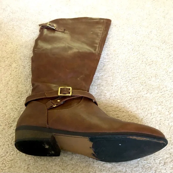 Material Girl High Boots Cognac Size 7.5 M Buckle Zipper Box MCAPRI Lined - Picture 13 of 13